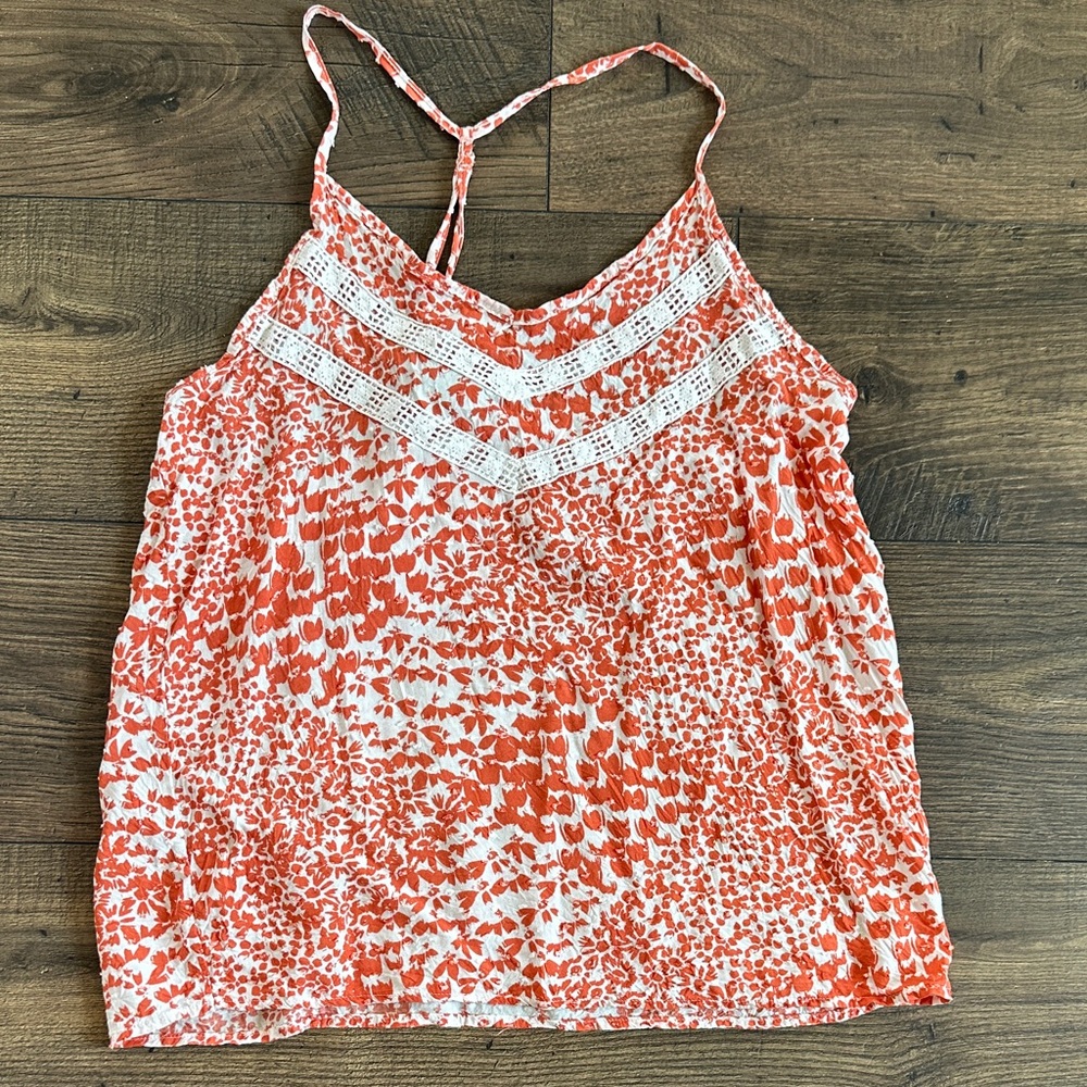 Daytrip Orange and White Floral Crochet-Trim tank